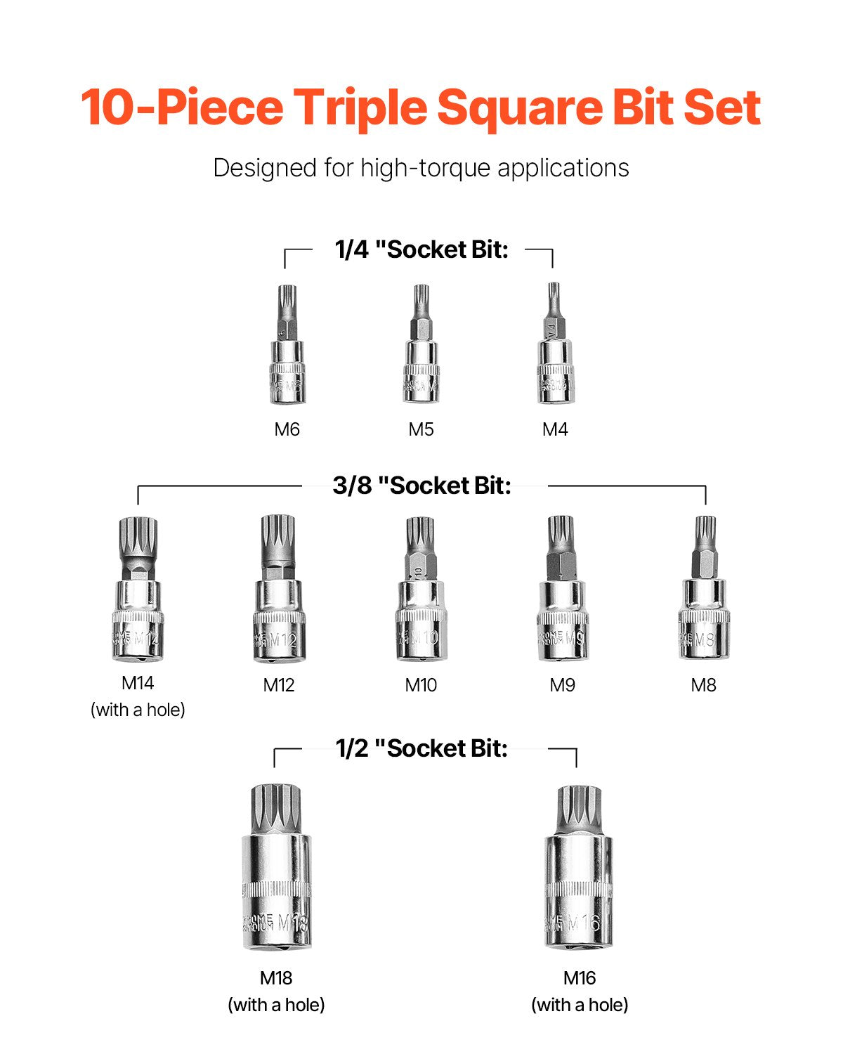 XZN Triple Square Spline Bit Socket Set 10-Piece M4-M18 Cr-V Steel Storage Case V952-PTTT143812XZUOMMXV0