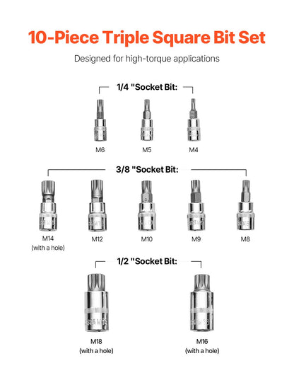 XZN Triple Square Spline Bit Socket Set 10-Piece M4-M18 Cr-V Steel Storage Case V952-PTTT143812XZUOMMXV0