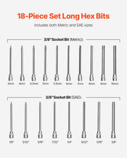 Extra Long Allen Hex Bit Socket Set, 18-Piece 3/8 inch Drive, S2 Alloy Steel and Cr-V Steel, Standard SAE and V952-PTTT38HEXSD0DLCSKV0