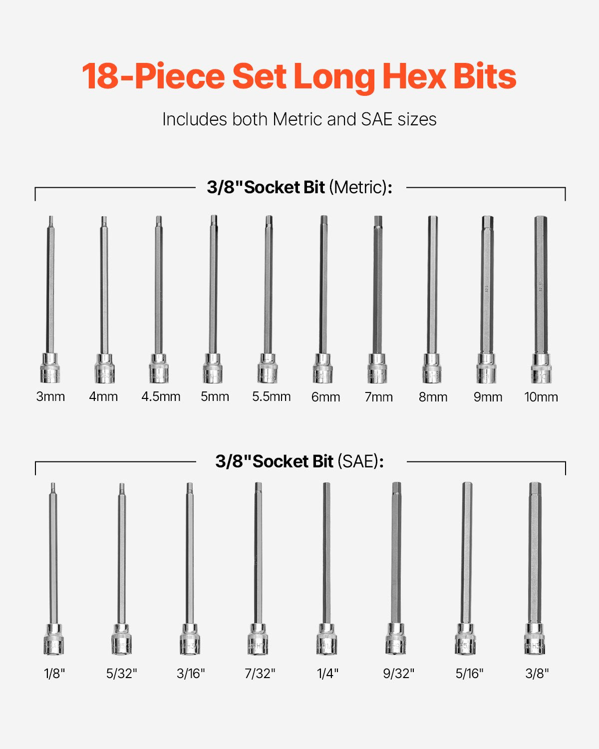 Extra Long Allen Hex Bit Socket Set, 18-Piece 3/8 inch Drive, S2 Alloy Steel and Cr-V Steel, Standard SAE and V952-PTTT38HEXSD0DLCSKV0