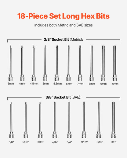 Extra Long Allen Hex Bit Socket Set, 18-Piece 3/8 inch Drive, S2 Alloy Steel and Cr-V Steel, Standard SAE and V952-PTTT38HEXSD0DLCSKV0