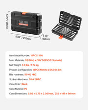 Extra Long Allen Hex Bit Socket Set, 18-Piece 3/8 inch Drive, S2 Alloy Steel and Cr-V Steel, Standard SAE and V952-PTTT38HEXSD0DLCSKV0