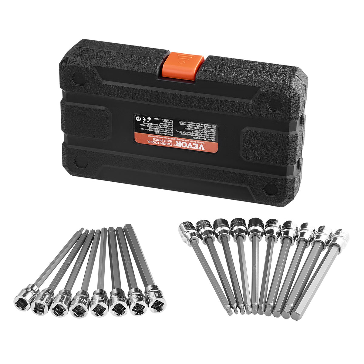 Extra Long Allen Hex Bit Socket Set, 18-Piece 3/8 inch Drive, S2 Alloy Steel and Cr-V Steel, Standard SAE and V952-PTTT38HEXSD0DLCSKV0