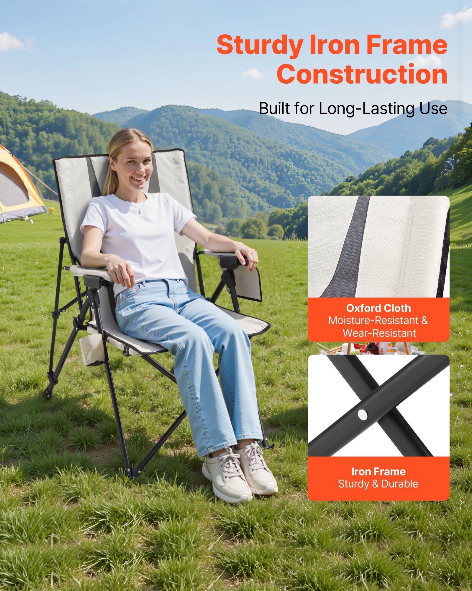 Folding Camping Chair, 3 Reclining Positions, Outdoor High Back Camping Chair, 260lbs Weight Capacity, Full V952-PTTYGBTYRDXHFQV64002V0