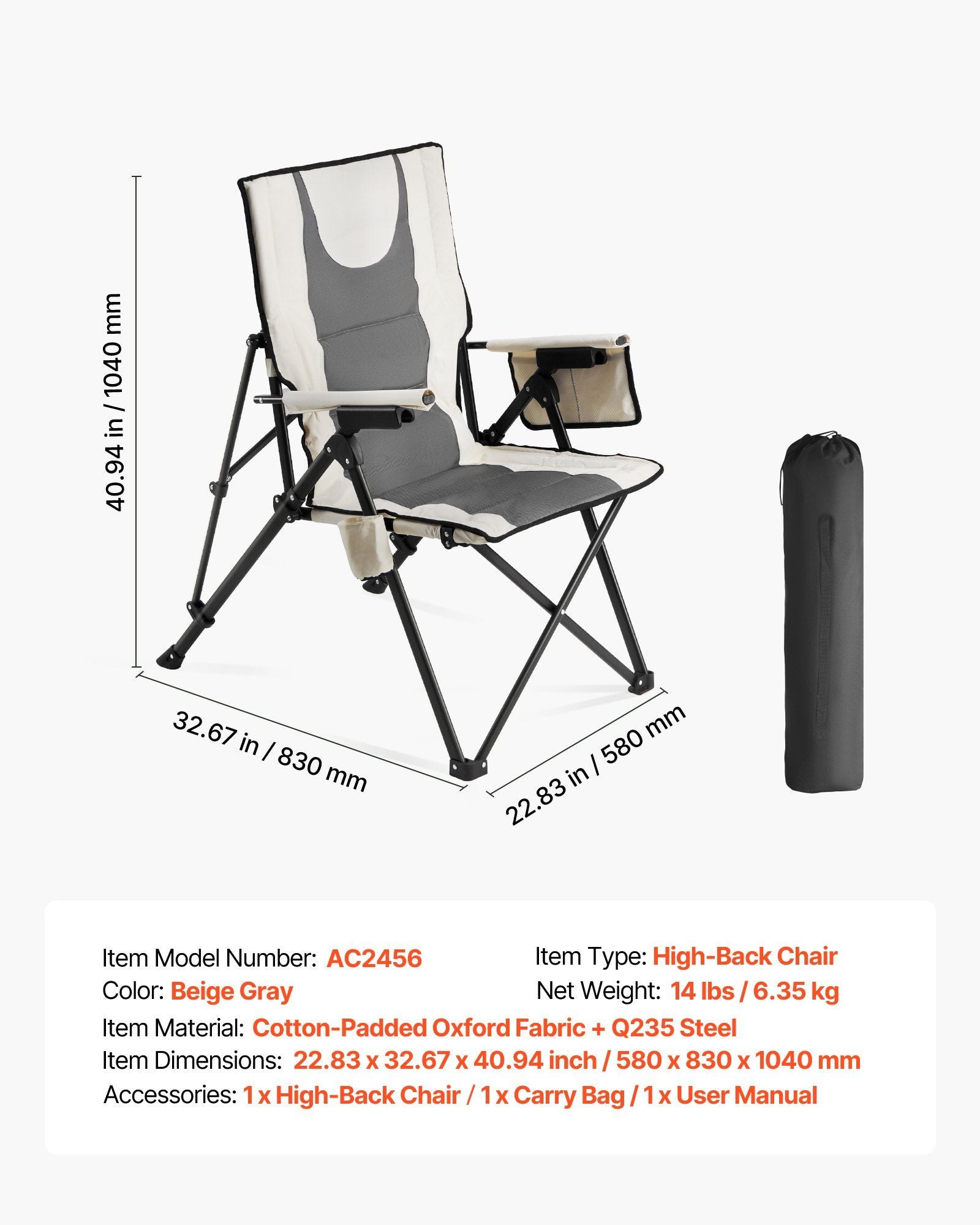 Folding Camping Chair, 3 Reclining Positions, Outdoor High Back Camping Chair, 260lbs Weight Capacity, Full V952-PTTYGBTYRDXHFQV64002V0