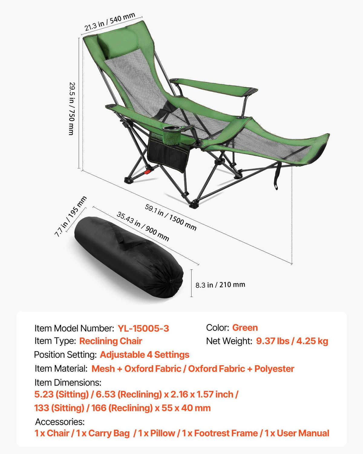 Reclining Camping Chair, 4 Adjustable Positions, Portable Folding Lounger for Adults, Mesh Beach Chair with V952-PTTYXTTYWBXLY6SQI002V0
