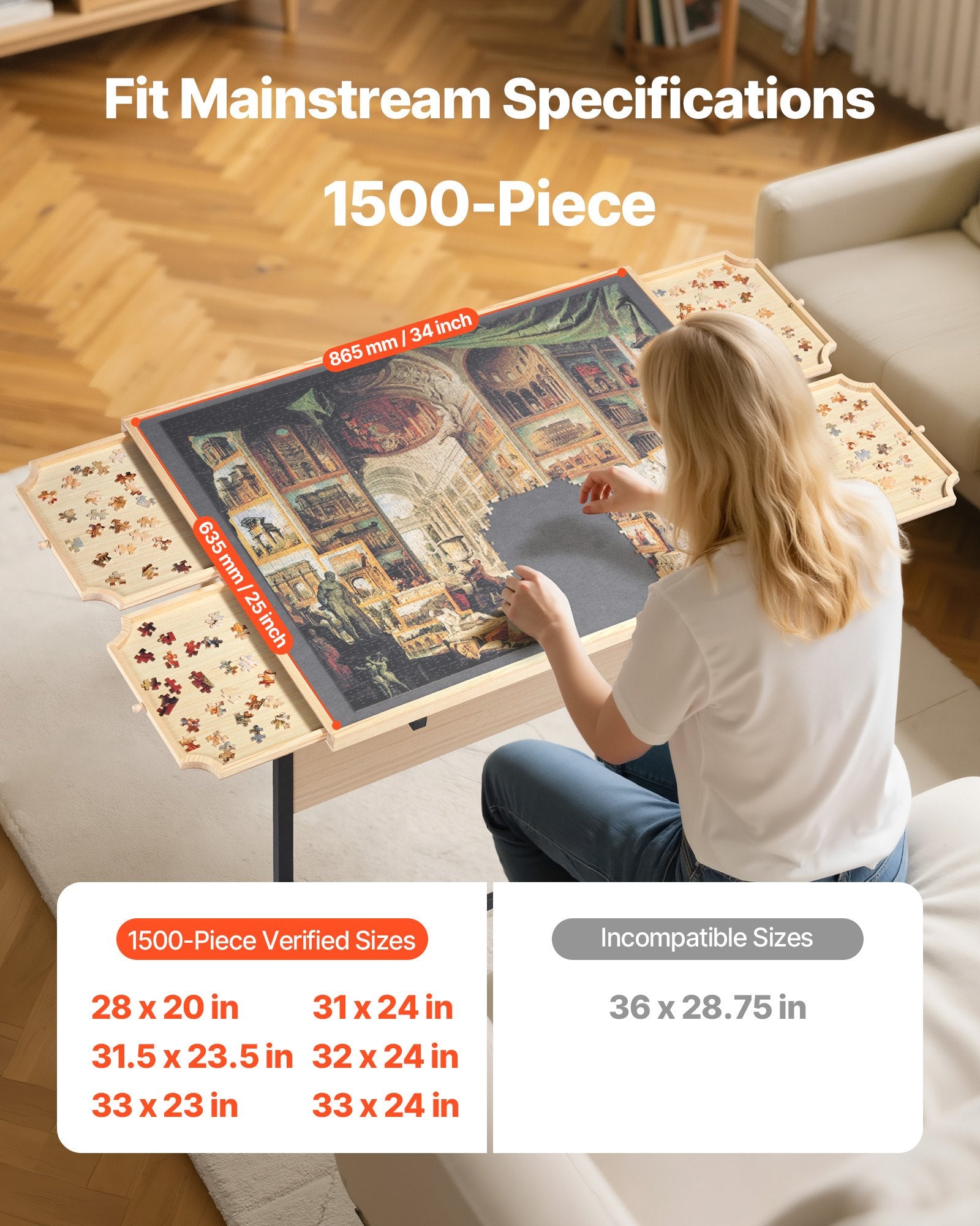 1500 Piece Puzzle Table with Legs, 4 Drawers and Cover, 86x63cm Portable Wooden Board with Wheels, Jigsaw V952-PTZ1500JXWGJ4VSU5001V0