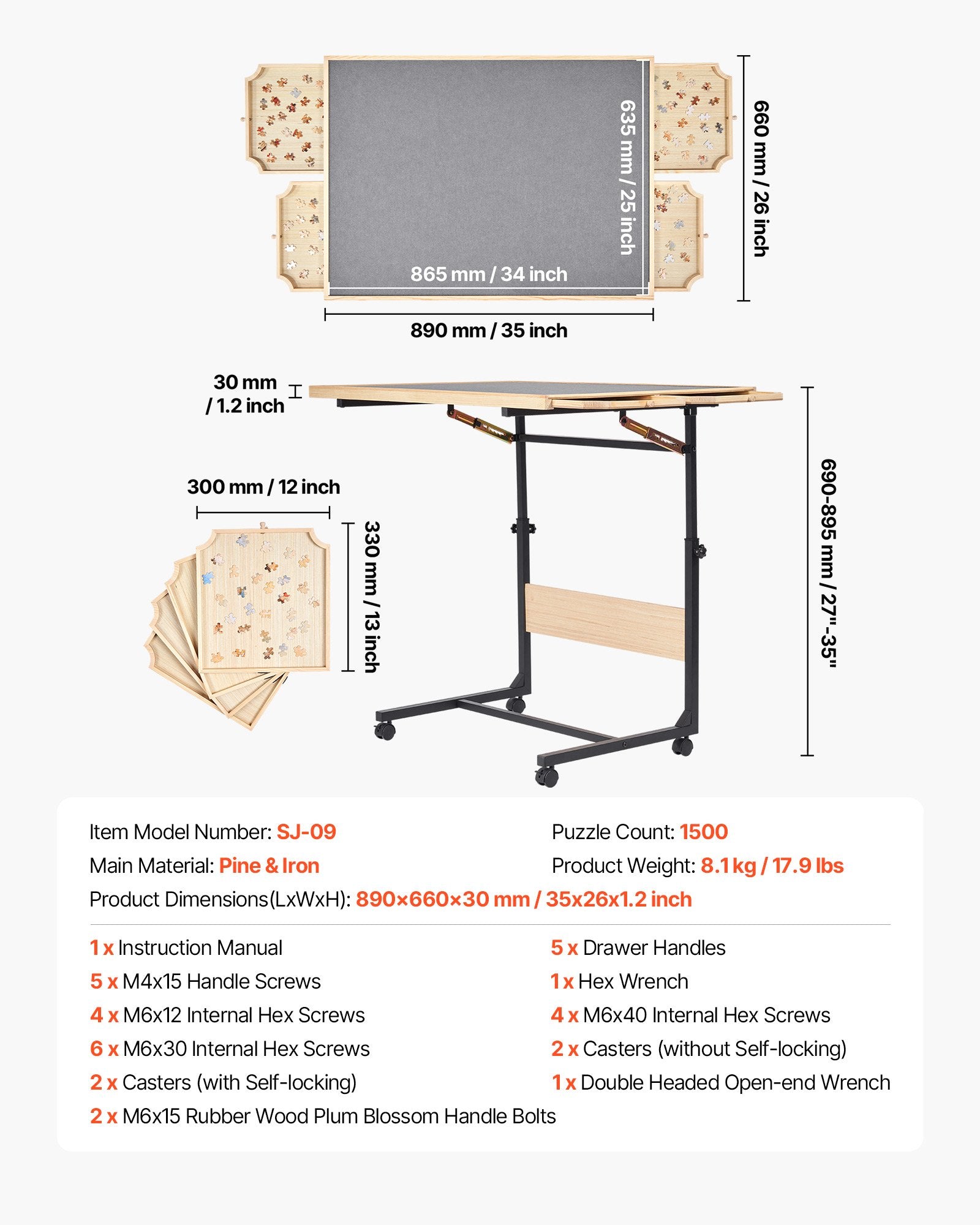 1500 Piece Puzzle Table with Legs, 4 Drawers and Cover, 86x63cm Portable Wooden Board with Wheels, Jigsaw V952-PTZ1500JXWGJ4VSU5001V0