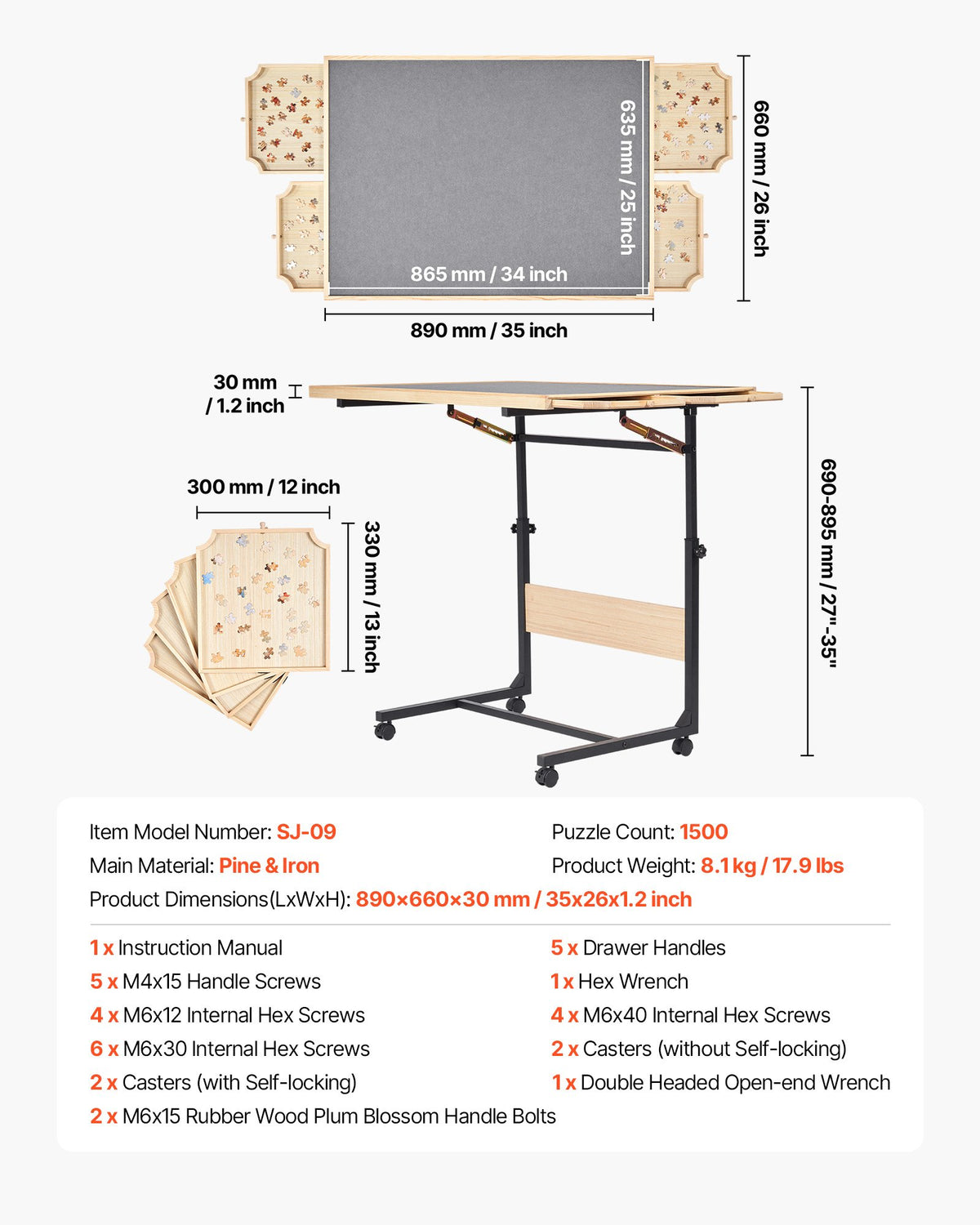 1500 Piece Puzzle Table with Legs, 4 Drawers and Cover, 86x63cm Portable Wooden Board with Wheels, Jigsaw V952-PTZ1500JXWGJ4VSU5001V0