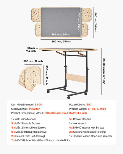 1500 Piece Puzzle Table with Legs, 4 Drawers and Cover, 86x63cm Portable Wooden Board with Wheels, Jigsaw V952-PTZ1500JXWGJ4VSU5001V0