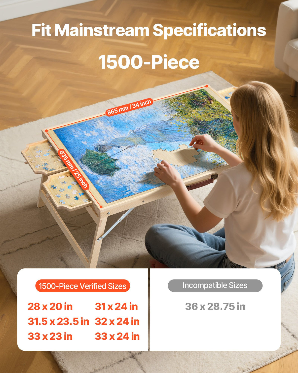1500 Piece Puzzle Board with Folding Leg Portable Wooden Jigsaw 86x63cm V952-PTZ1500JXWGZAGJ95001V0