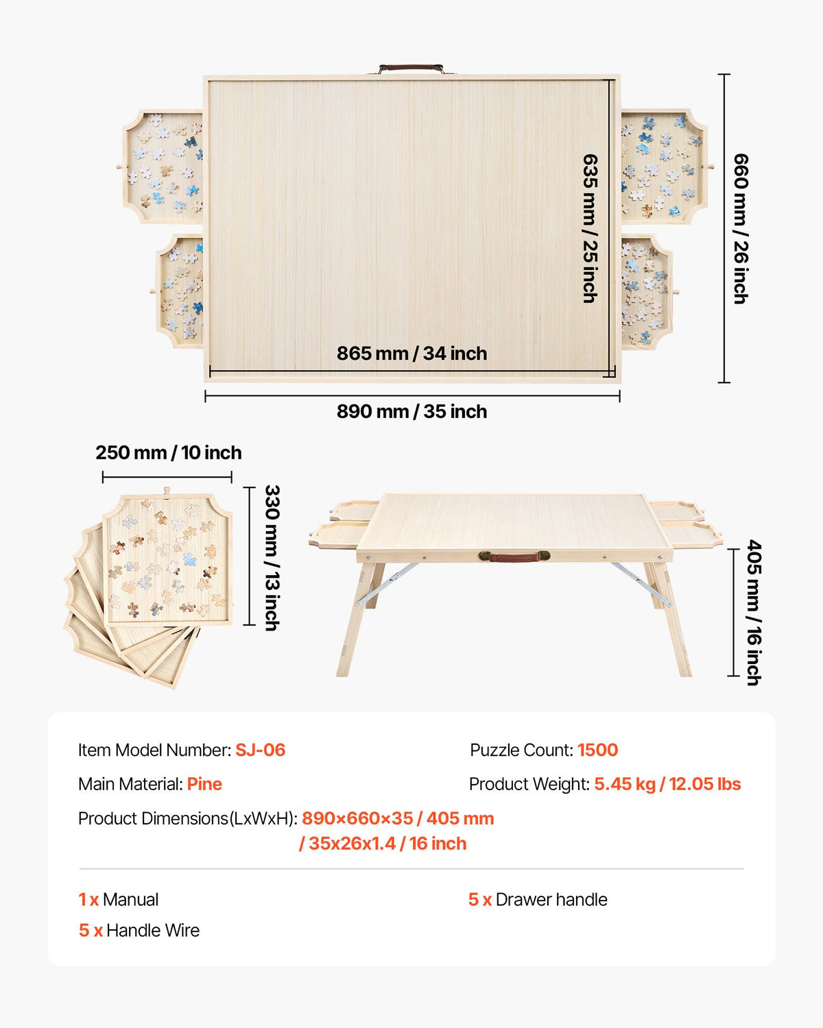 1500 Piece Puzzle Board with Folding Leg Portable Wooden Jigsaw 86x63cm V952-PTZ1500JXWGZAGJ95001V0