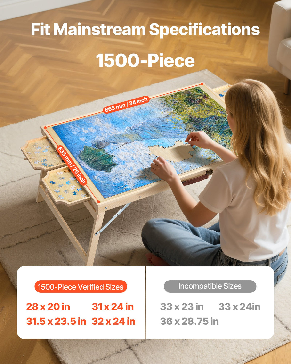 1500 Piece Puzzle Board with Folding Leg Portable Wooden Jigsaw 86x63cm V952-PTZ1500JXWGZNJKWJ001V0
