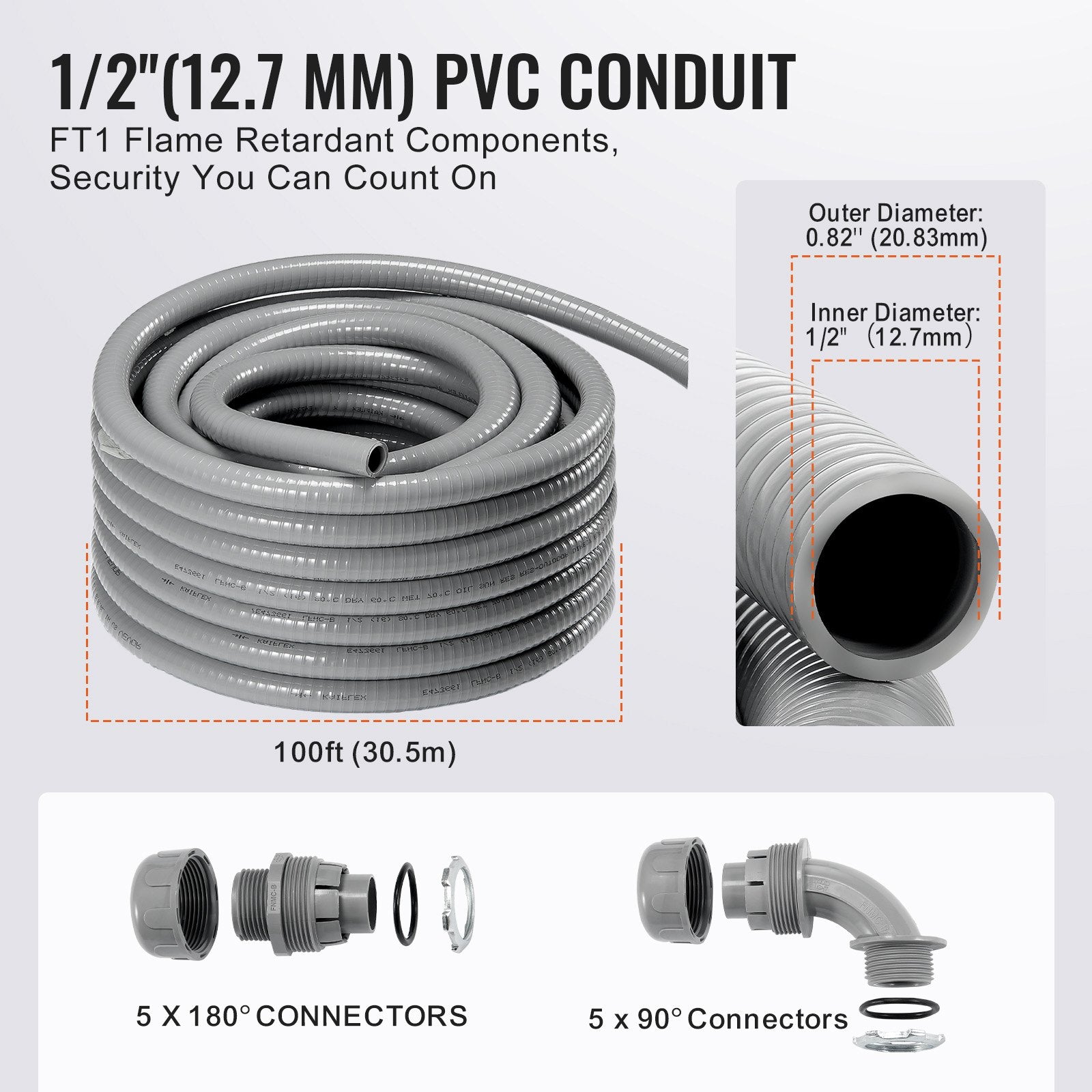 12.7 mm Flexible Electrical Conduit, 30.5 m, PVC Liquid-Tight Conduit Non-Metallic with 5 Straight and 5 V952-PVCYMDQDG1004Q1FJV0