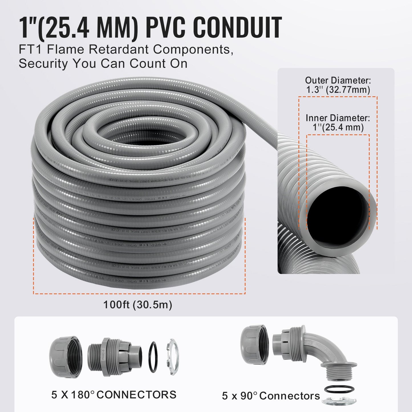 25.4 mm Flexible Electrical Conduit, 30.5 m, PVC Liquid-Tight Conduit Non-Metallic with 5 Straight and 5 V952-PVCYMDQDG1INFF00ZV0