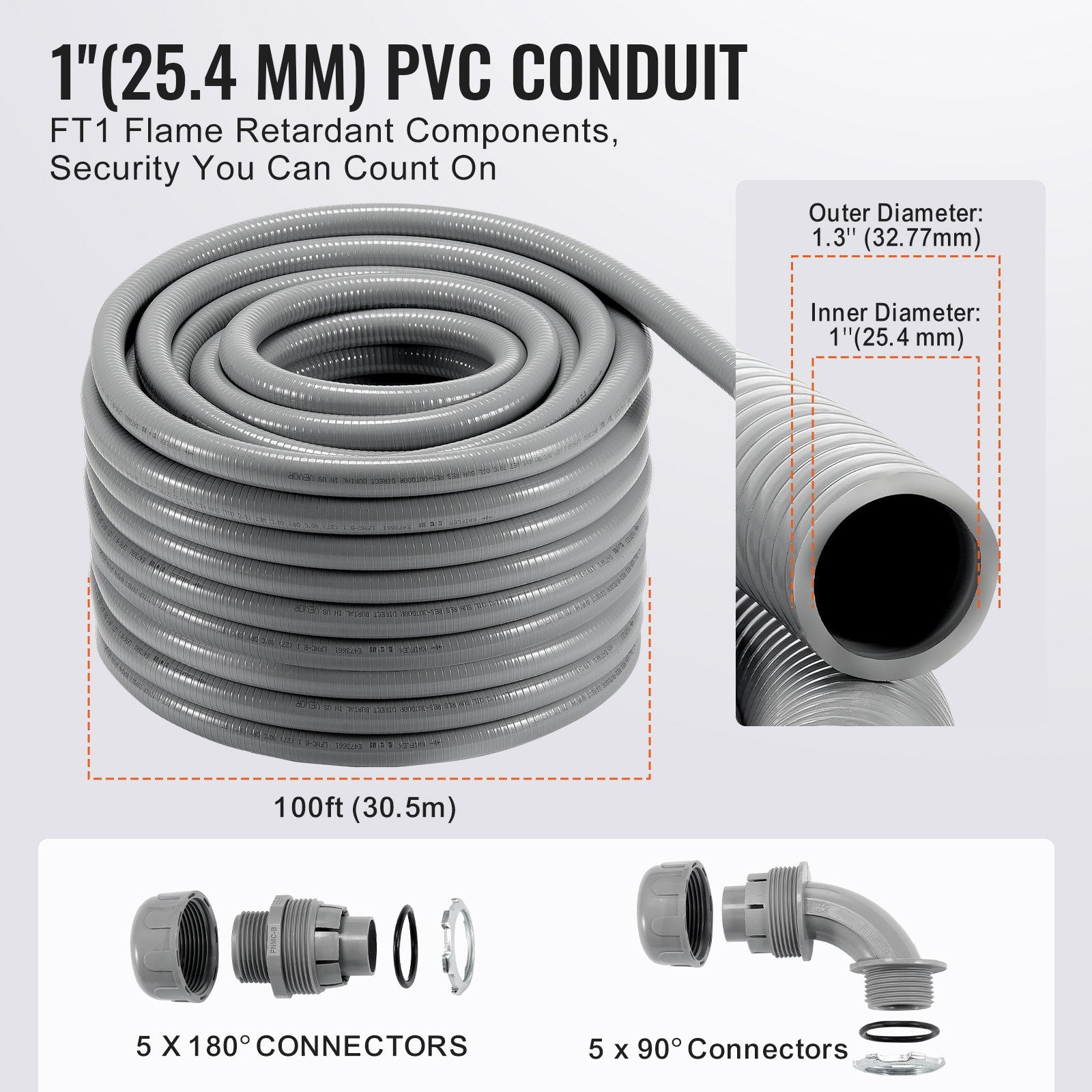 25.4 mm Flexible Electrical Conduit, 30.5 m, PVC Liquid-Tight Conduit Non-Metallic with 5 Straight and 5 V952-PVCYMDQDG1INFF00ZV0