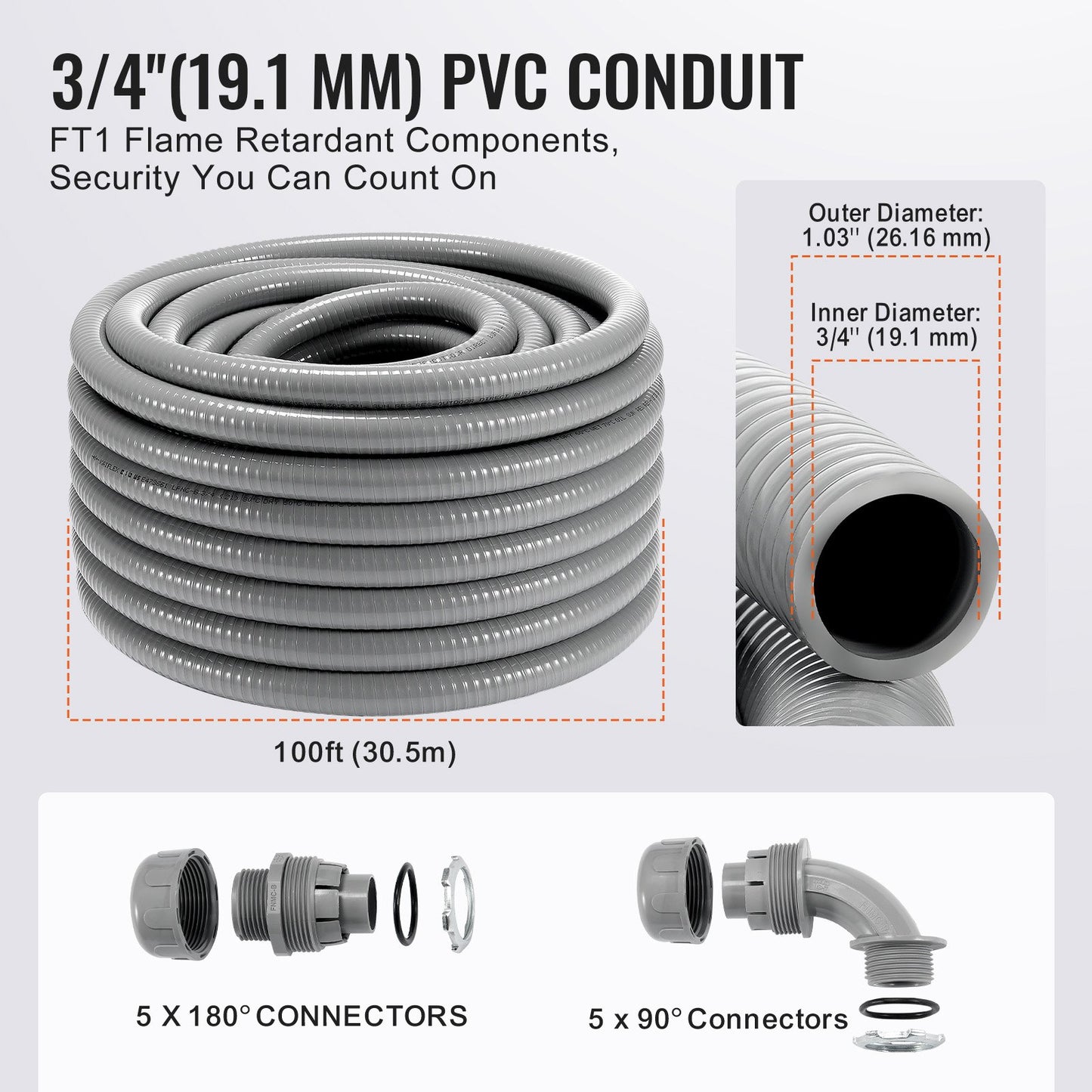 19.1 mm Flexible Electrical Conduit, 30.5 m, PVC Liquid-Tight Conduit Non-Metallic with 5 Straight and 5 V952-PVCYMDQDG34IIP87TV0