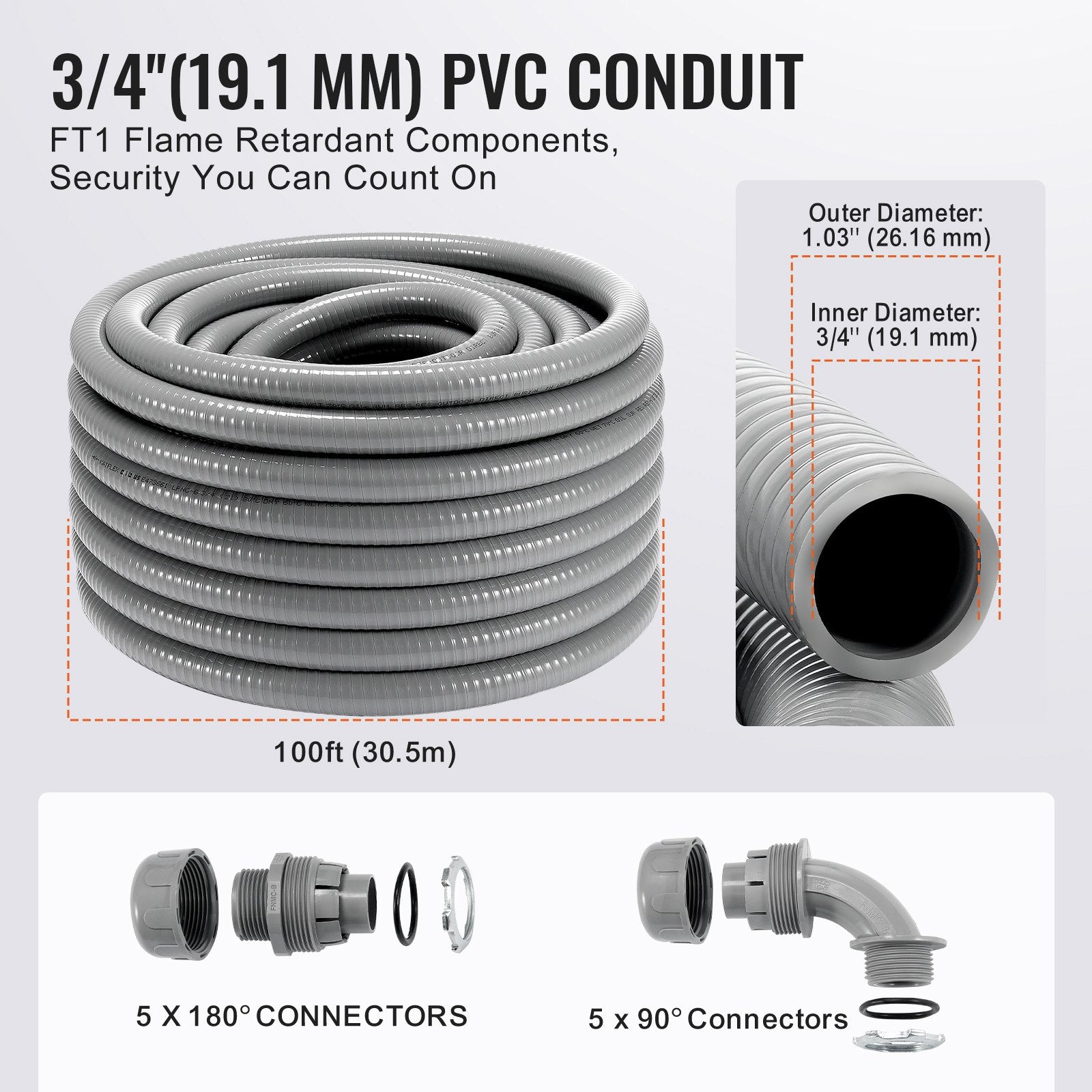 19.1 mm Flexible Electrical Conduit, 30.5 m, PVC Liquid-Tight Conduit Non-Metallic with 5 Straight and 5 V952-PVCYMDQDG34IIP87TV0