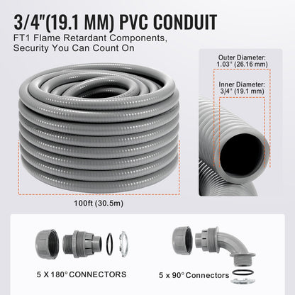 19.1 mm Flexible Electrical Conduit, 30.5 m, PVC Liquid-Tight Conduit Non-Metallic with 5 Straight and 5 V952-PVCYMDQDG34IIP87TV0
