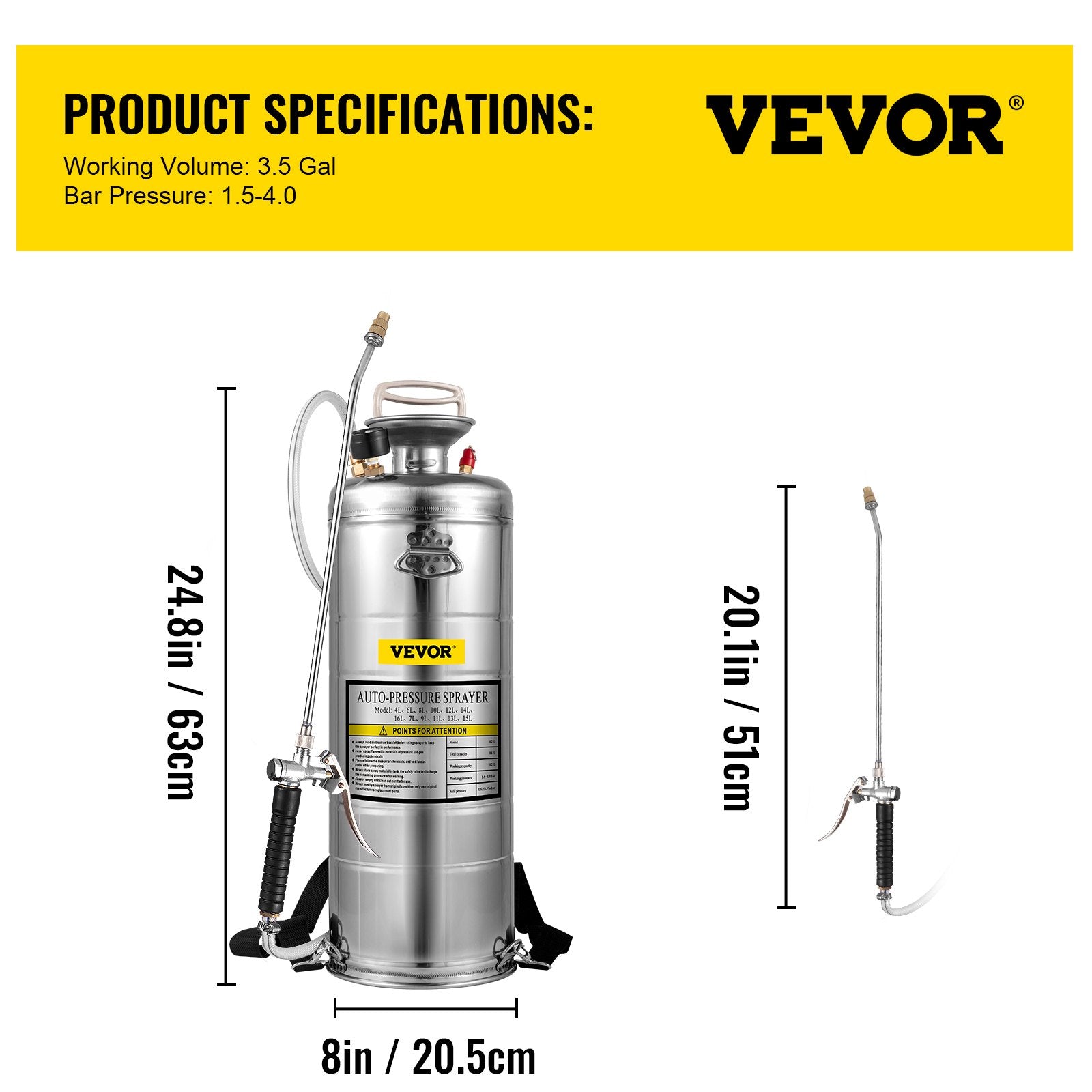 3.5Gal Stainless Steel Sprayer,l Set with 20" Wand& Handle& 3FT Reinforced Hose, Hand Pump Sprayer with V952-PWQBXG12L00000001V0