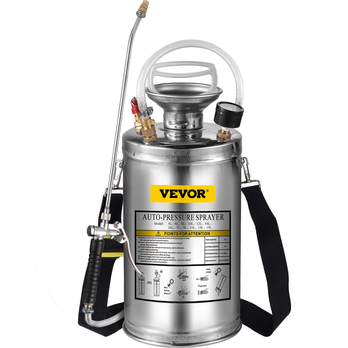 1.5Gal Stainless Steel Sprayer, Set with 16" Wand& Handle& 3.3FT Reinforced Hose, Hand Pump Sprayer with V952-PWQBXG6L000000001V0