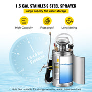 1.5Gal Stainless Steel Sprayer, Set with 16" Wand& Handle& 3.3FT Reinforced Hose, Hand Pump Sprayer with V952-PWQBXG6L000000001V0