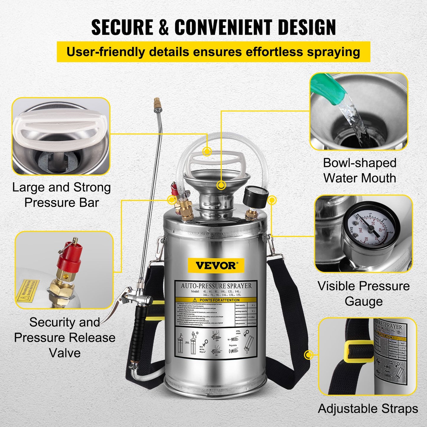 1.5Gal Stainless Steel Sprayer, Set with 16" Wand& Handle& 3.3FT Reinforced Hose, Hand Pump Sprayer with V952-PWQBXG6L000000001V0