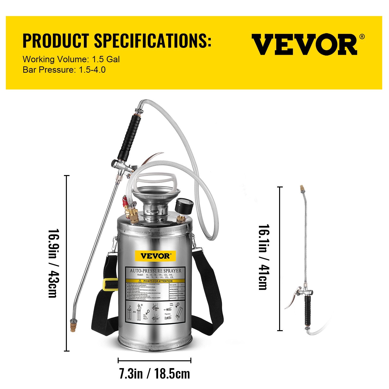 1.5Gal Stainless Steel Sprayer, Set with 16" Wand& Handle& 3.3FT Reinforced Hose, Hand Pump Sprayer with V952-PWQBXG6L000000001V0