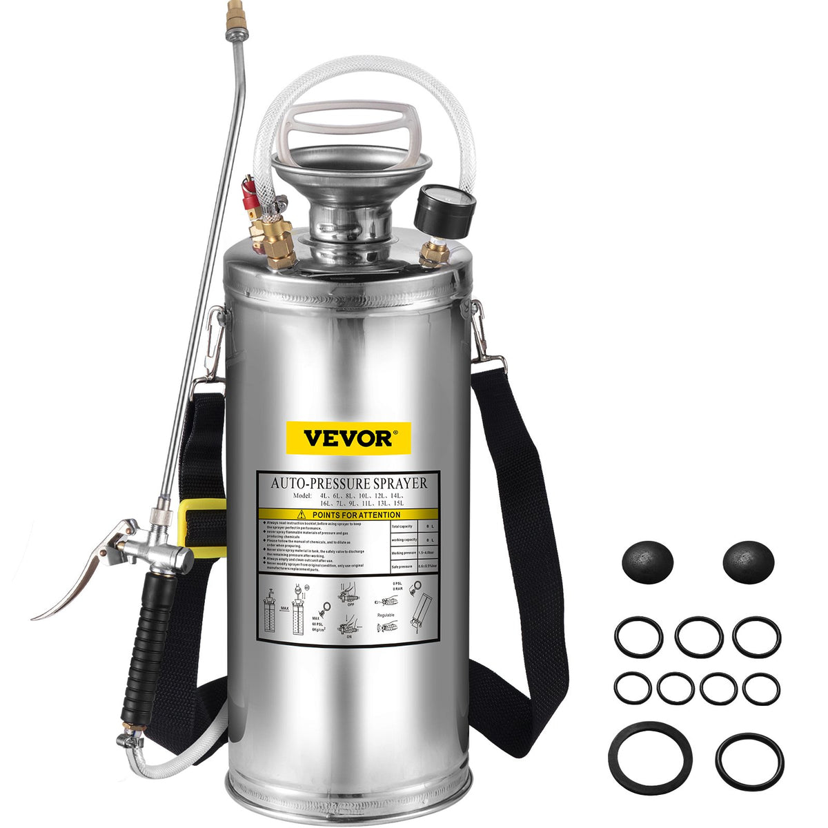 2Gal Stainless Steel Sprayer, Set with 20"" Wand& Handle& 3FT Reinforced Hose, Hand Pump Sprayer with V952-PWQBXG8L000000001V0