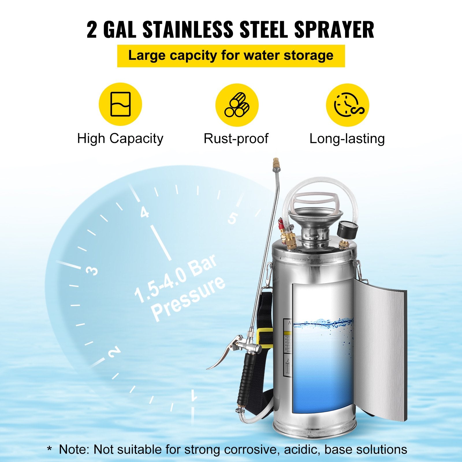 2Gal Stainless Steel Sprayer, Set with 20"" Wand& Handle& 3FT Reinforced Hose, Hand Pump Sprayer with V952-PWQBXG8L000000001V0