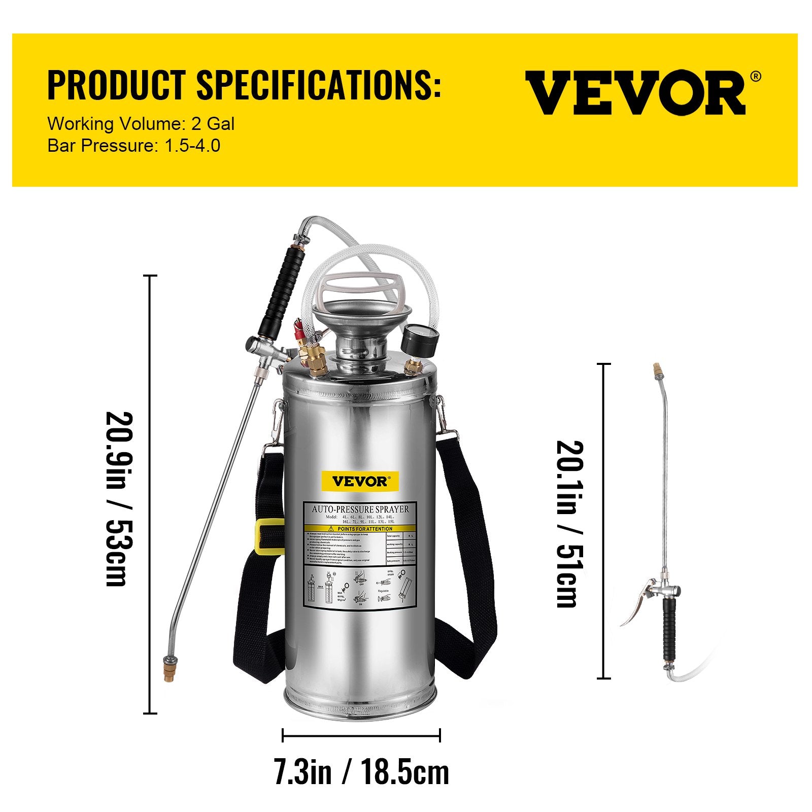 2Gal Stainless Steel Sprayer, Set with 20"" Wand& Handle& 3FT Reinforced Hose, Hand Pump Sprayer with V952-PWQBXG8L000000001V0