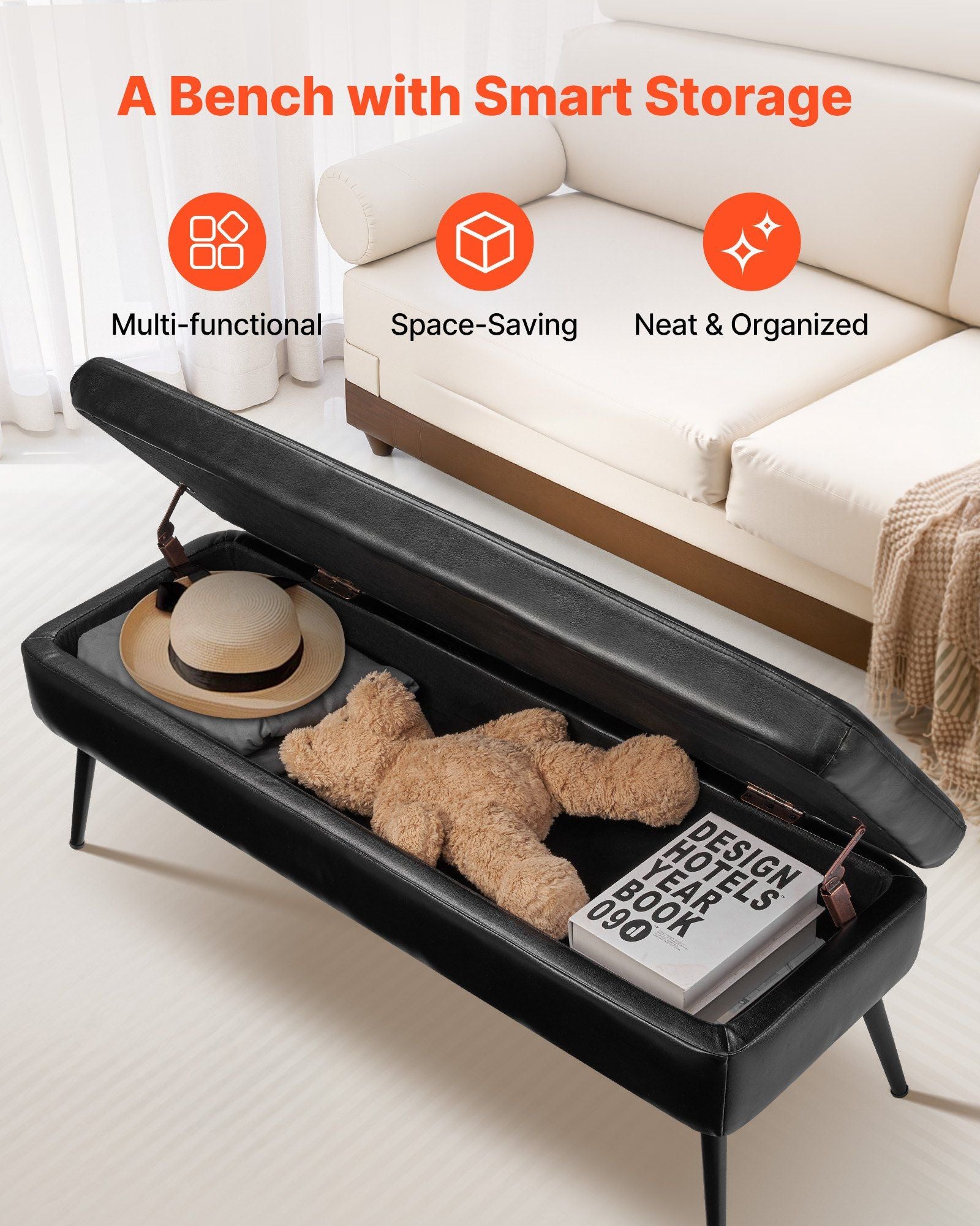 Leather Storage Ottoman Bench, PU Leather Bench with Storage and Metal Legs, Modern Shoe Benches Seat for V952-PZWSZYXTK415IFM6R001V0