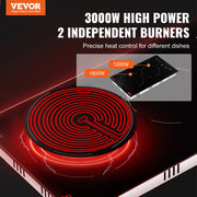 Electric Cooktop, 12 inch 2 Burners Built-in Electric Stove Top, 3000W Ceramic Radiant Cooktop with Glass V952-Q12INCH3000W2U7DKV3