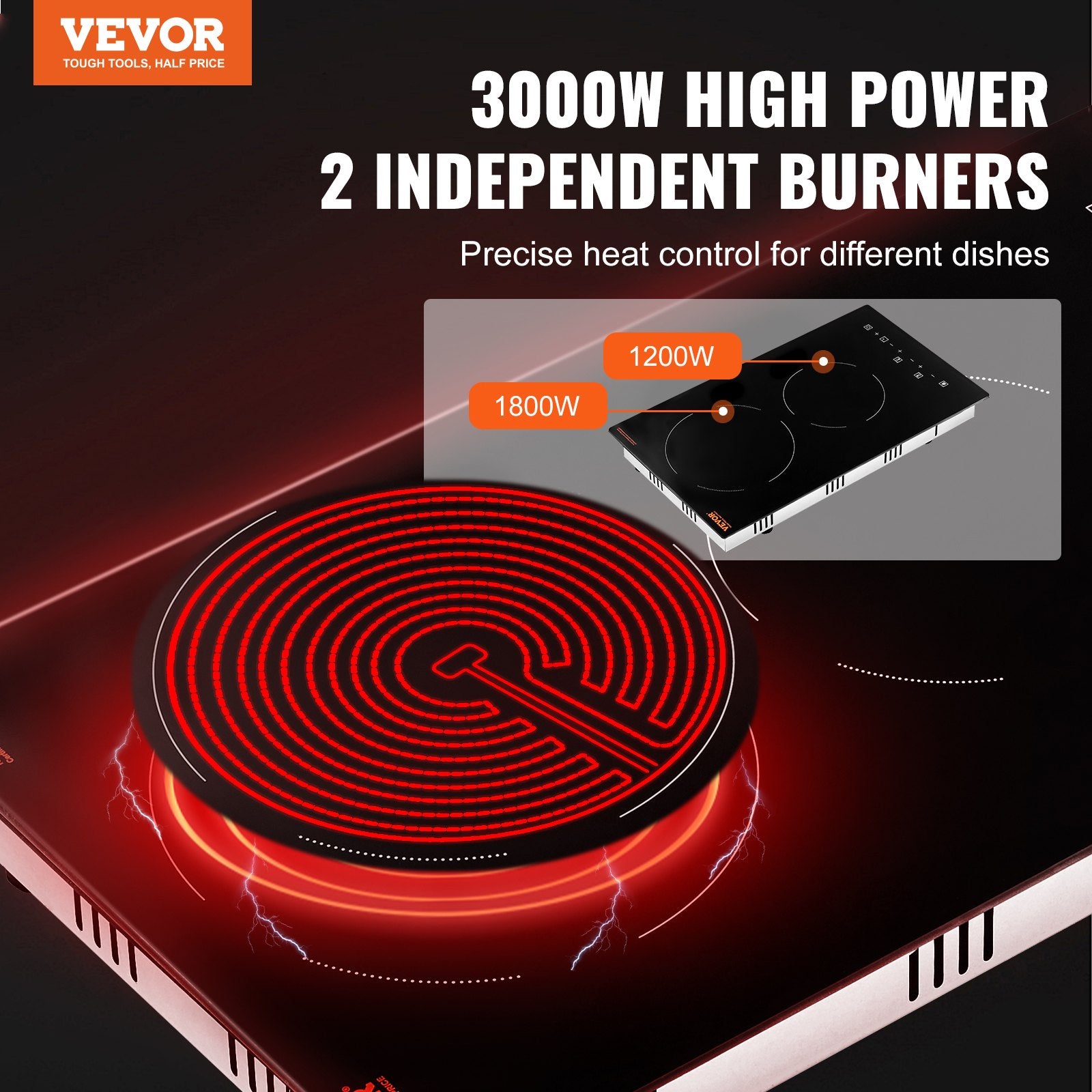 Electric Cooktop, 12 inch 2 Burners Built-in Electric Stove Top, 3000W Ceramic Radiant Cooktop with Glass V952-Q12INCH3000W2U7DKV3