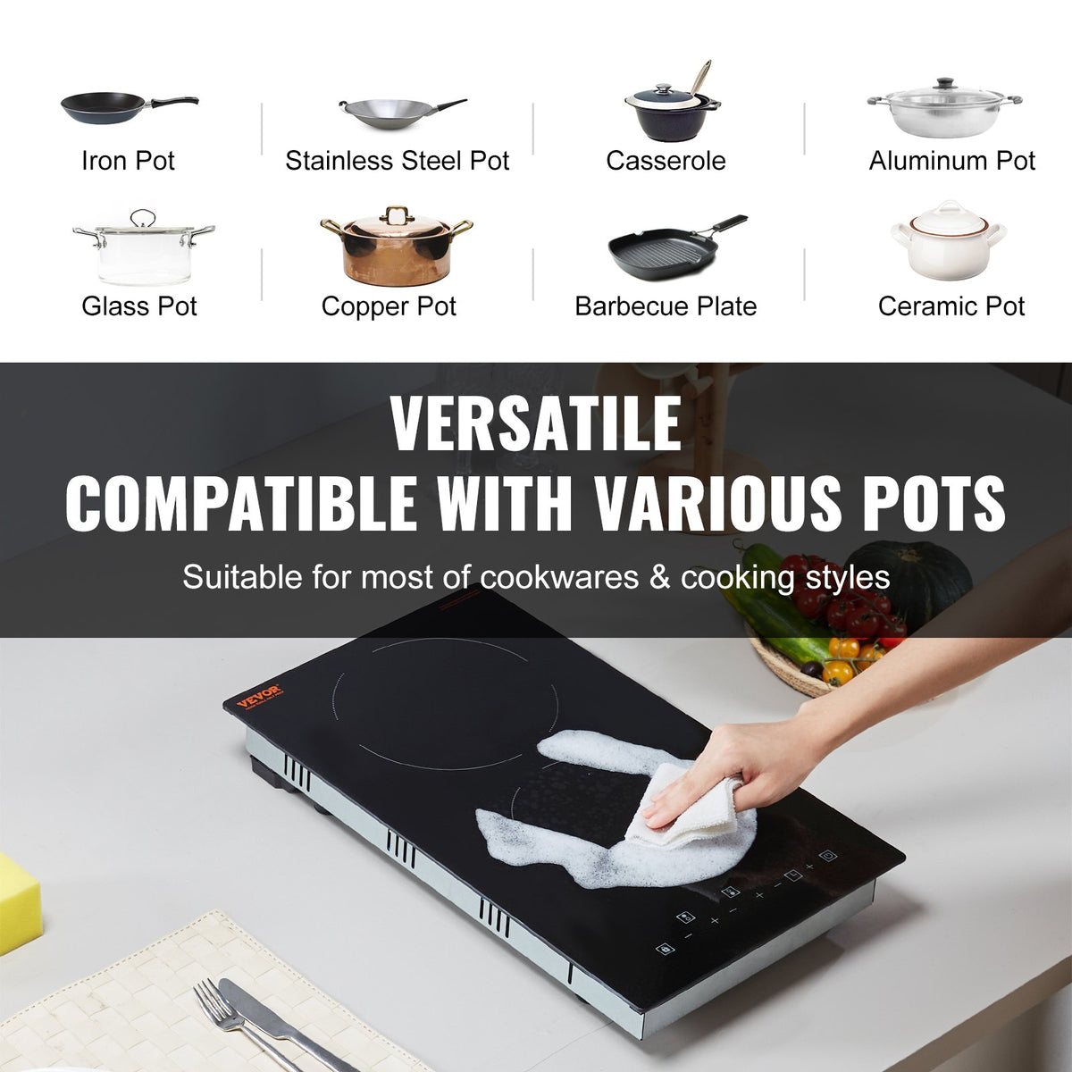 Electric Cooktop, 12 inch 2 Burners Built-in Electric Stove Top, 3000W Ceramic Radiant Cooktop with Glass V952-Q12INCH3000W2U7DKV3