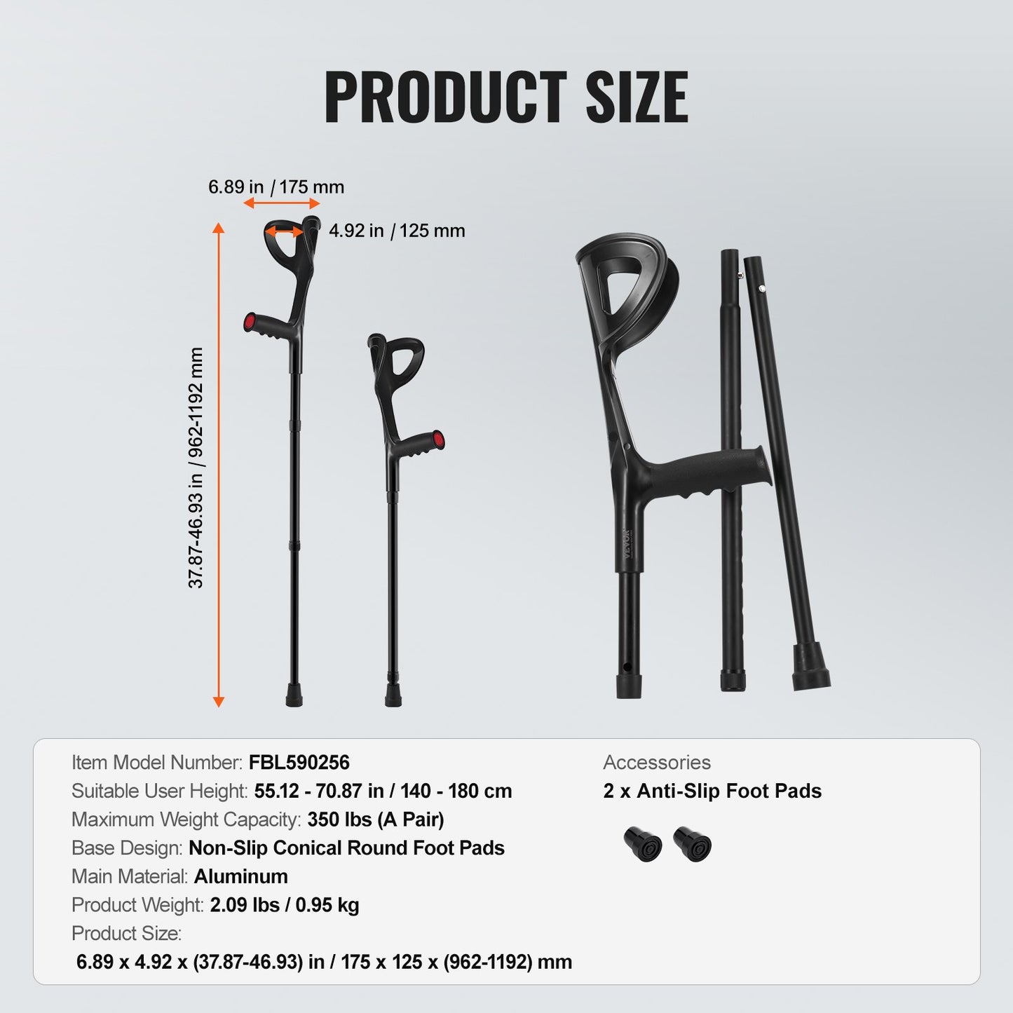 Forearm Crutches 10-Level Height Adjustable Walking Crutches 1 Pair 350LBS V952-QBGZJBXPPYZSPRL1KV0
