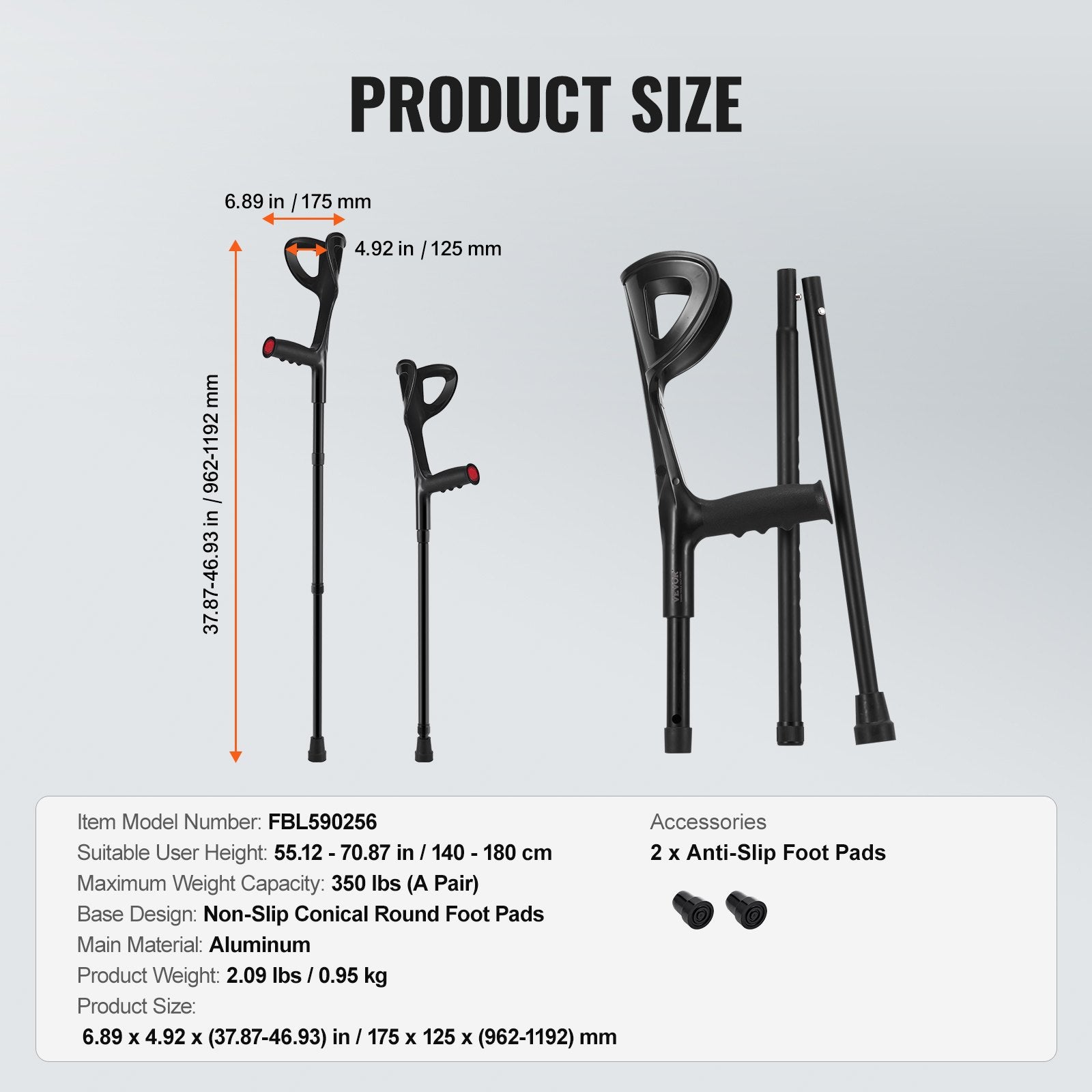 Forearm Crutches 10-Level Height Adjustable Walking Crutches 1 Pair 350LBS V952-QBGZJBXPPYZSPRL1KV0
