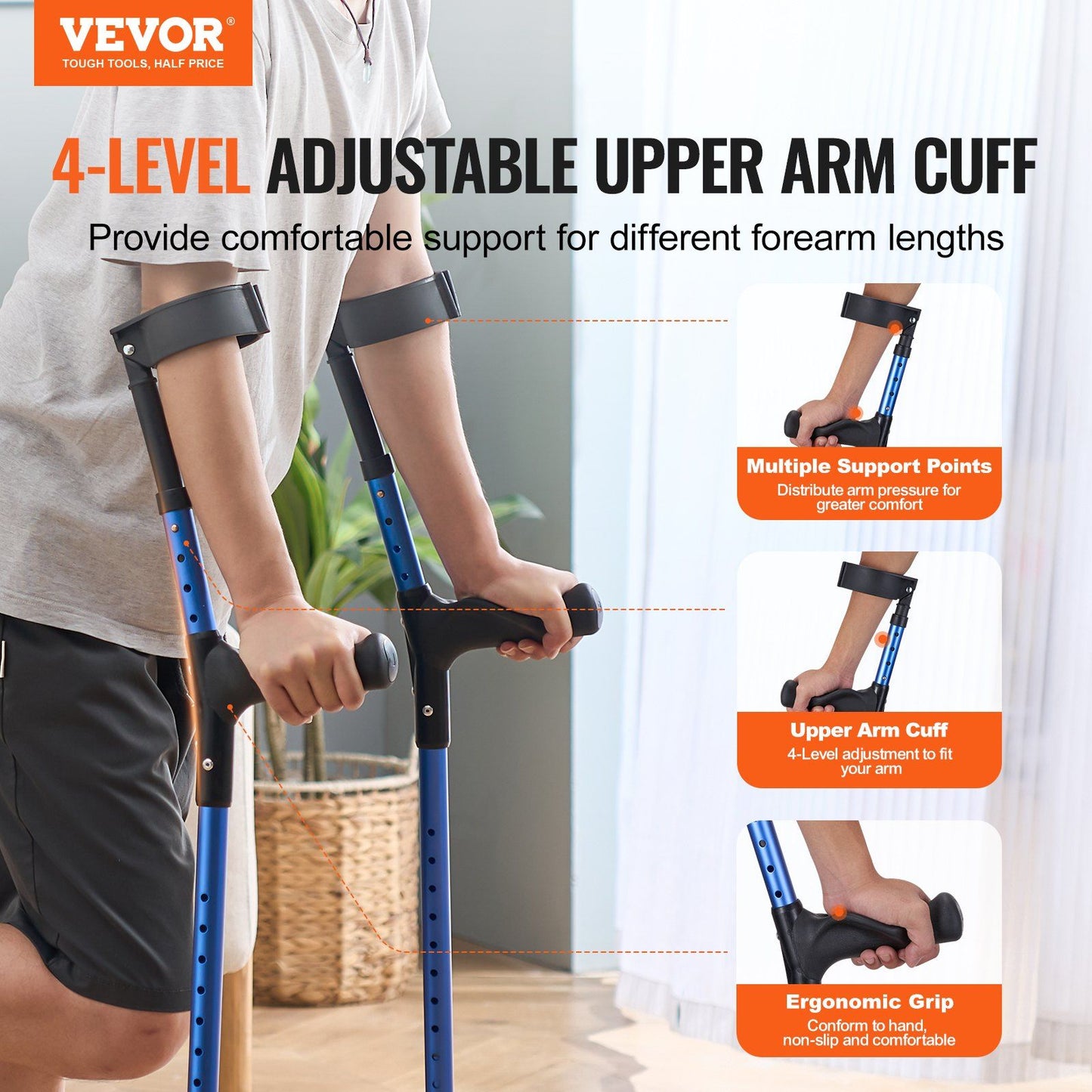Forearm Crutches for Adults, 11-Level Height Adjustable Walking Crutches with 4-Level Upper Cuff, Lightweight V952-QBGZPVCRTGCXUI84QV0