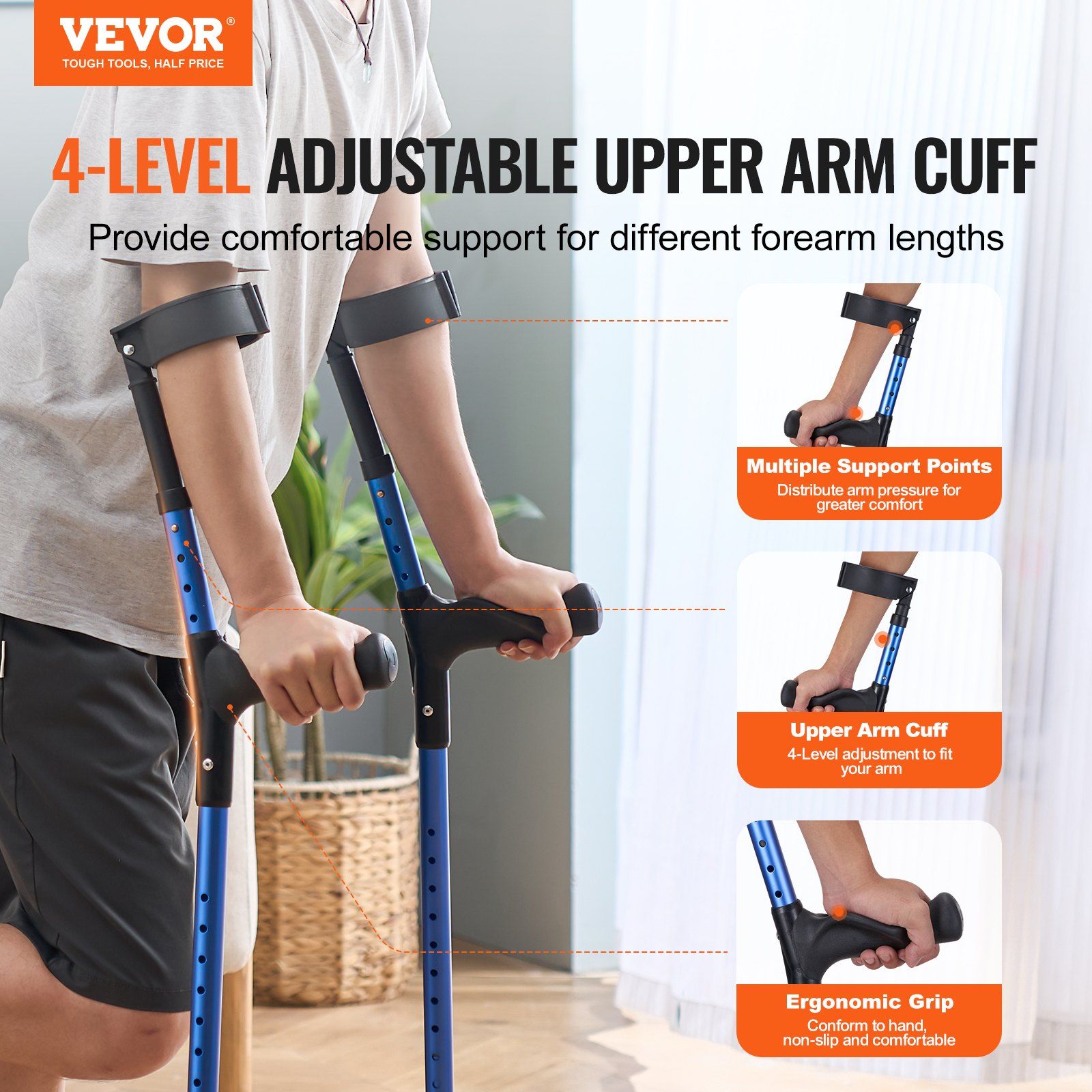 Forearm Crutches for Adults, 11-Level Height Adjustable Walking Crutches with 4-Level Upper Cuff, Lightweight V952-QBGZPVCRTGCXUI84QV0