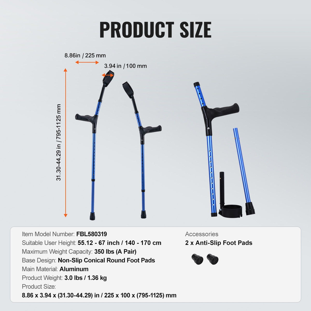 Forearm Crutches for Adults, 11-Level Height Adjustable Walking Crutches with 4-Level Upper Cuff, Lightweight V952-QBGZPVCRTGCXUI84QV0