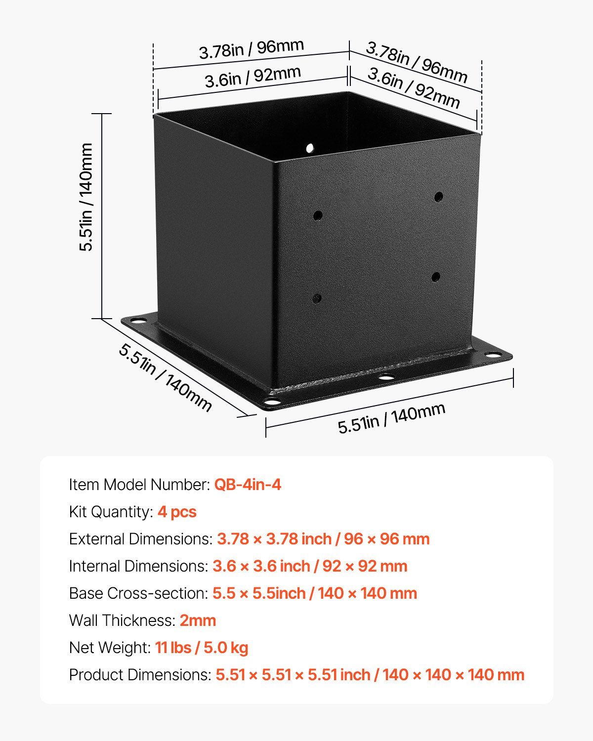 4x4 Post Base 4 Pcs, Inner Size 3.6x3.6 inch / 92x92 mm Post Brackets, Heavy Duty Carbon Steel Decking Posts, V952-QBLZDZTG4J20Y2BH6001V0