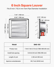 145mm Wall Vent Cover, Louvered Square AC Vent Gable Cover, Premium Stainless Steel & with Noise Reducing V952-QBPQTFKBYCSFQV0BX001V0