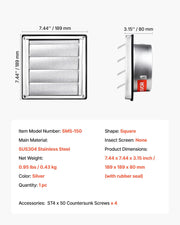 145mm Wall Vent Cover, Louvered Square AC Vent Gable Cover, Premium Stainless Steel & with Noise Reducing V952-QBPQTFKBYCSFQV0BX001V0