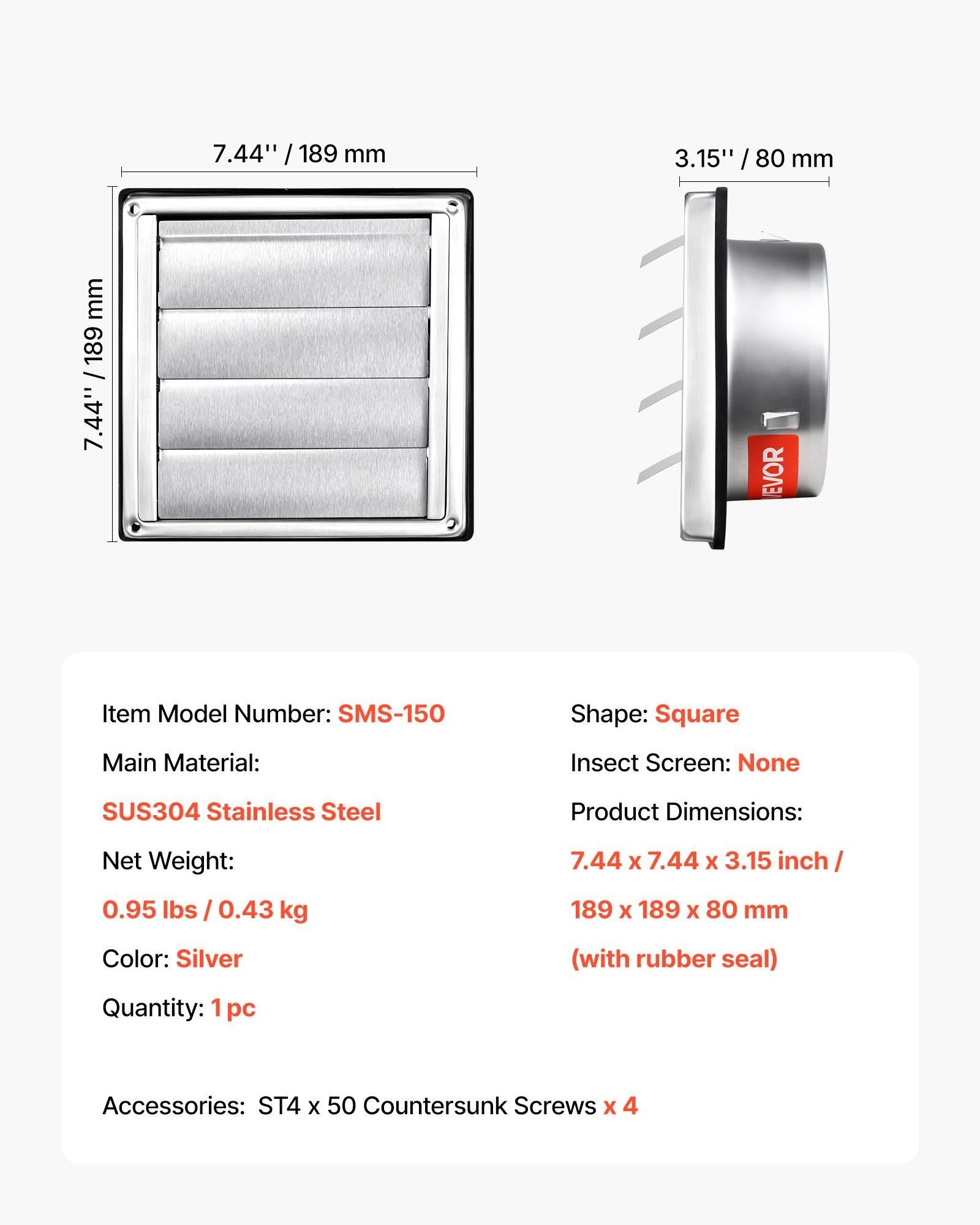 145mm Wall Vent Cover, Louvered Square AC Vent Gable Cover, Premium Stainless Steel & with Noise Reducing V952-QBPQTFKBYCSFQV0BX001V0