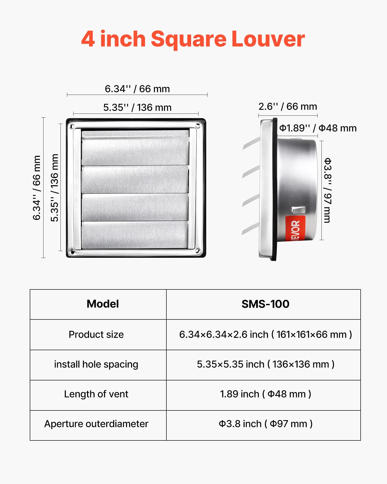 97mm Wall Vent Cover, Louvered Square AC Vent Gable Cover, Premium Stainless Steel & with Noise Reducing V952-QBPQTFKBYCSFZNJJB001V0