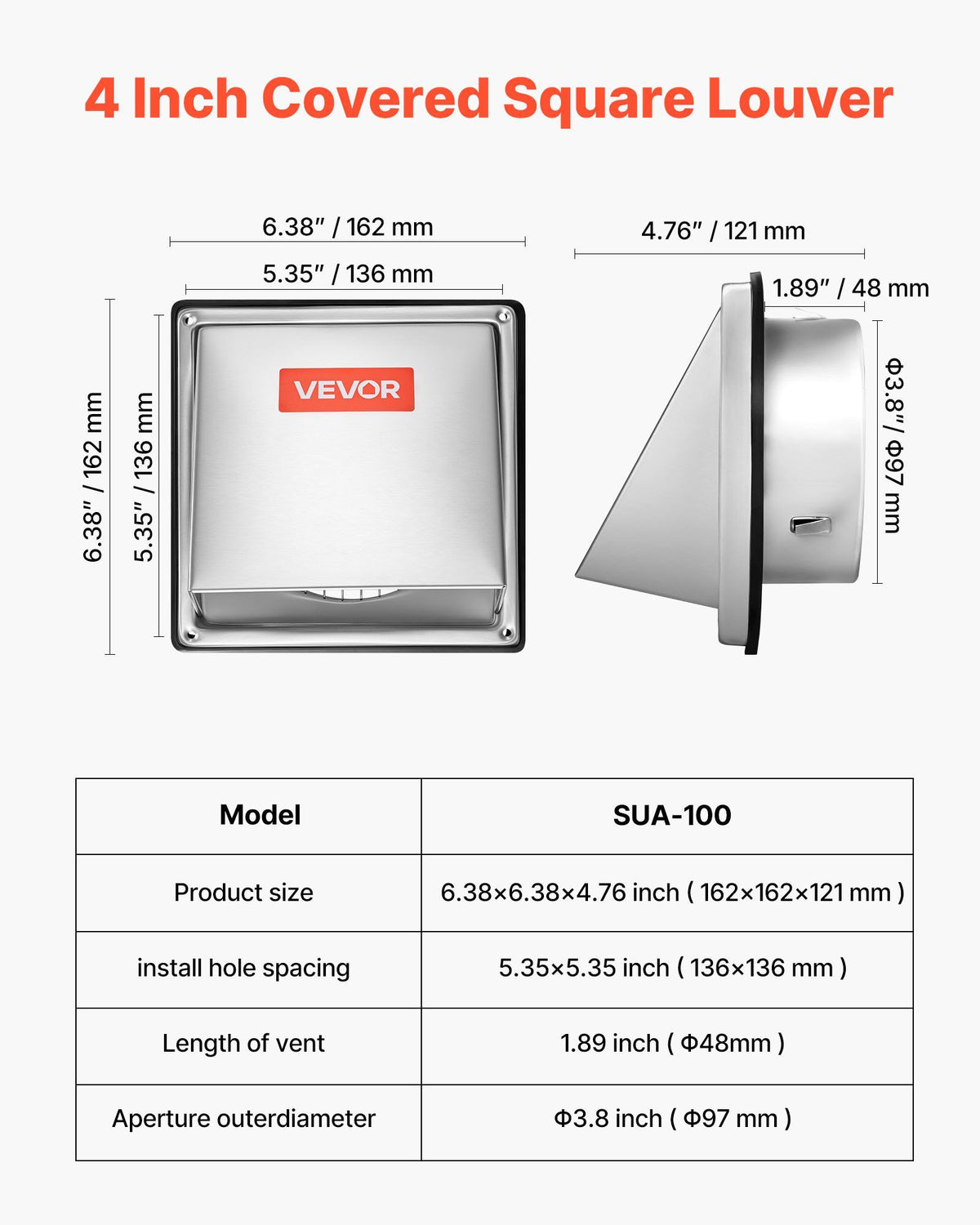 97mm External Extractor Wall Vent Cover, Square AC Vent Gable Cover, Premium Stainless Steel & with Built-in V952-QBPQTFKGSFX4BGJJ9001V0