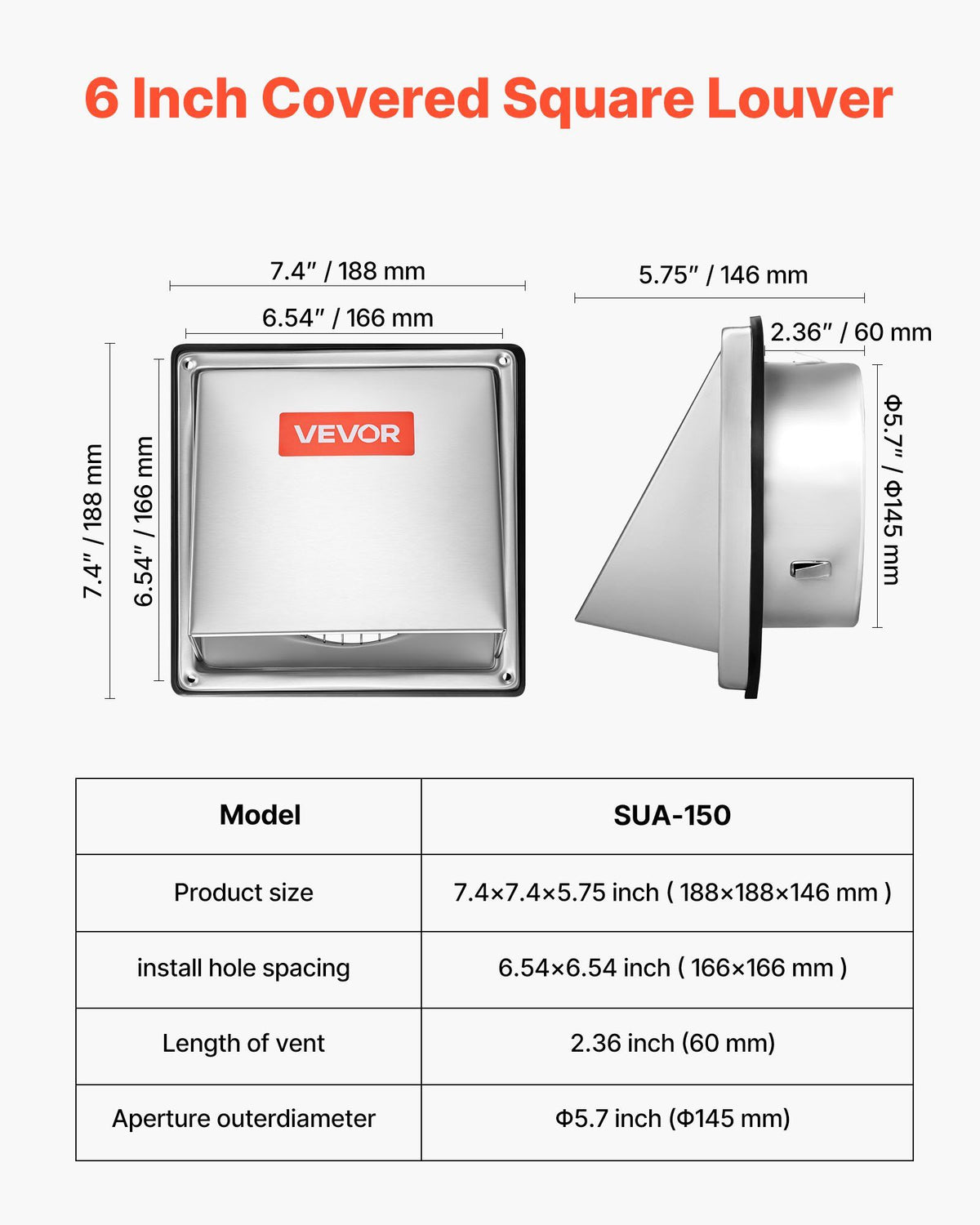 145 mm External Extractor Wall Vent Cover, Square AC Vent Gable Cover, Premium Stainless Steel & with V952-QBPQTFKGSFX625YD6001V0