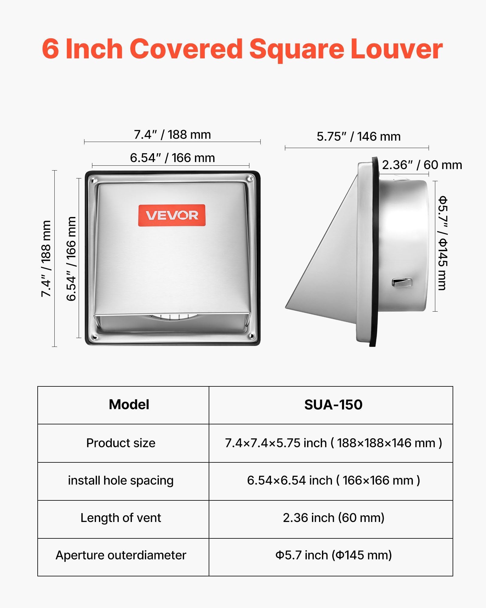 145 mm External Extractor Wall Vent Cover, Square AC Vent Gable Cover, Premium Stainless Steel & with V952-QBPQTFKGSFX625YD6001V0