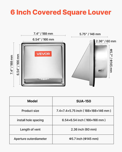 145 mm External Extractor Wall Vent Cover, Square AC Vent Gable Cover, Premium Stainless Steel & with V952-QBPQTFKGSFX625YD6001V0