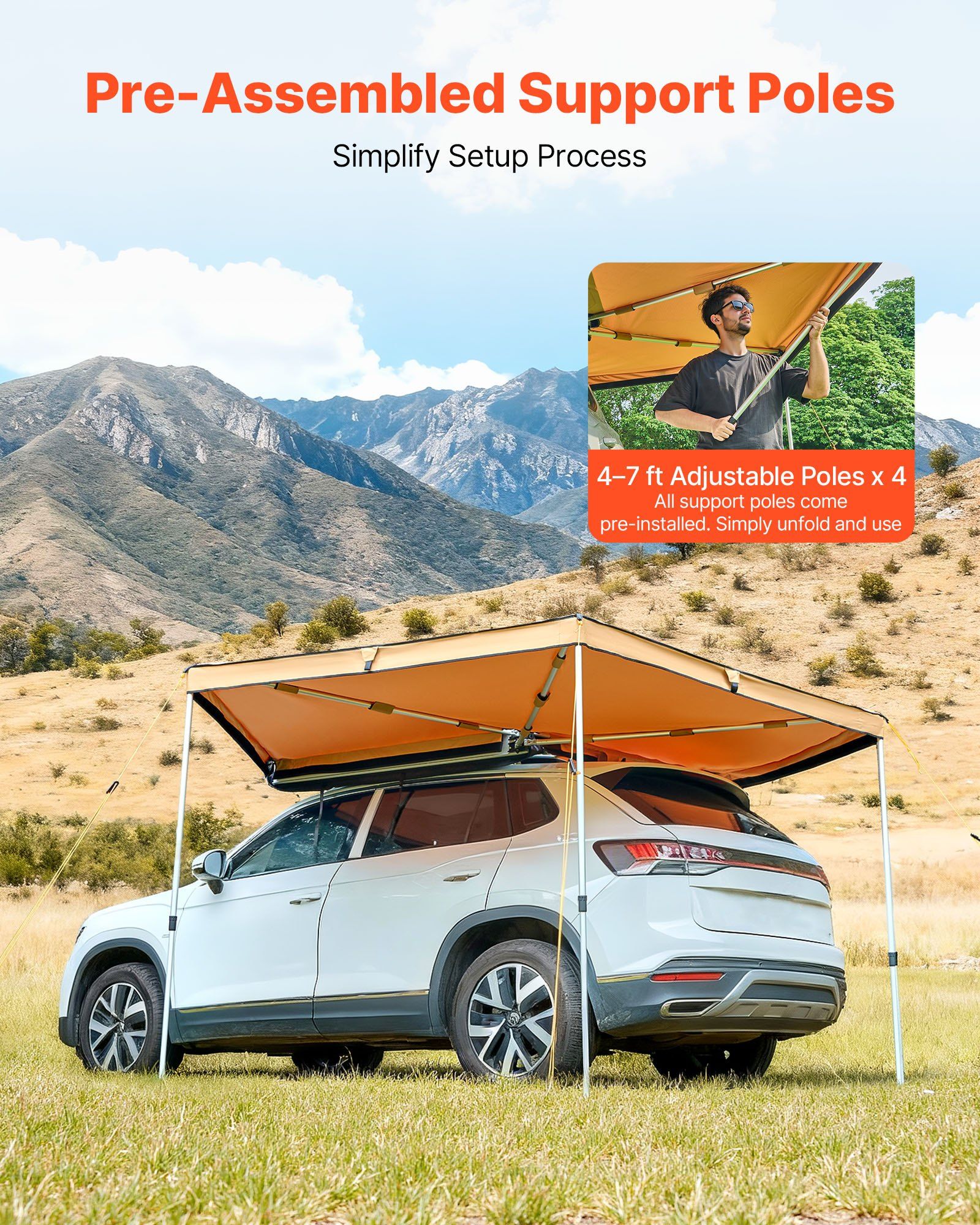 270 Degree Awning, 4.9 m2 Driver Side Vehicle Awning, Waterproof UV50+ Car Side Awnings with Carry Bag, V952-QCCP12759FTSTOWKB001V0